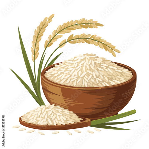 Bowl of white rice with spoon and rice stalks illustration