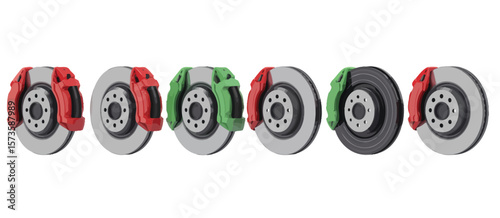 Set of car brake discs and calipers in red green and black colors