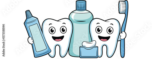 Happy cartoon teeth with toothbrush toothpaste mouthwash and dental floss for oral hygiene