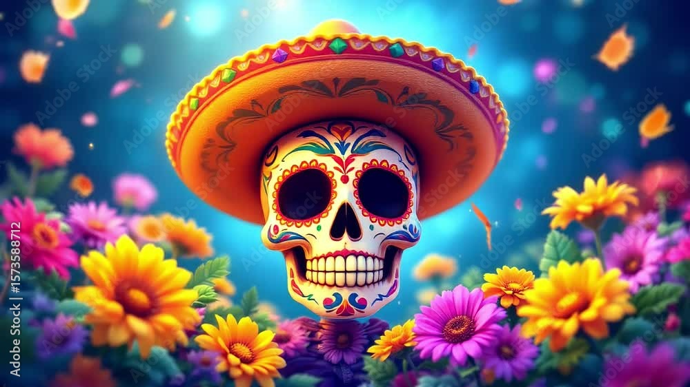 Vibrant Sugar Skull with Sombrero, Surrounded by Flowers, Celebrates Day of the Dead