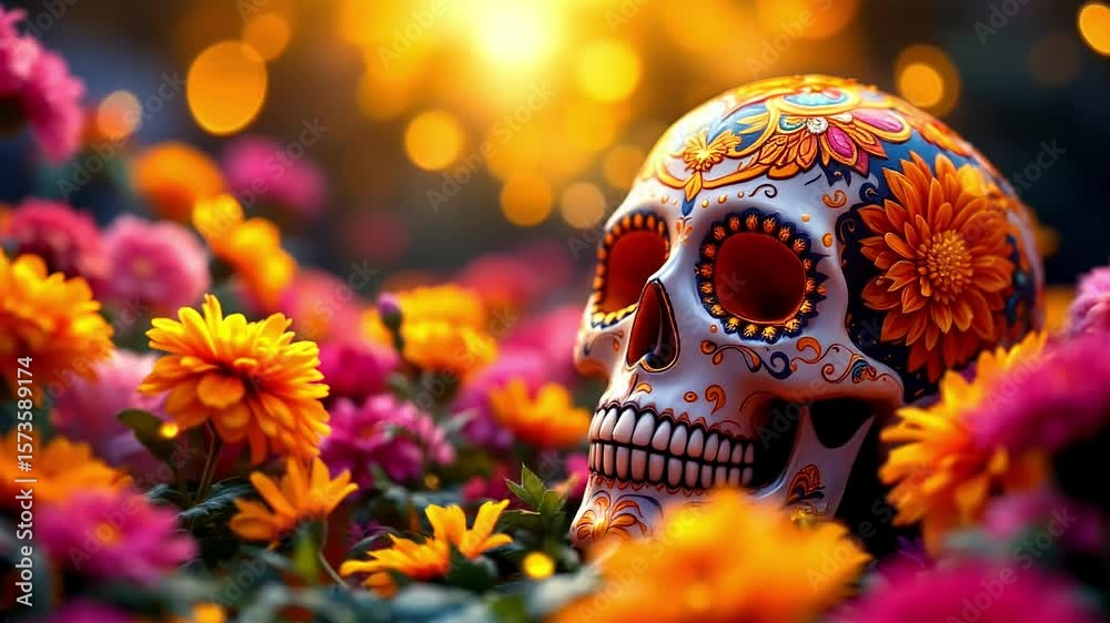 Vibrant sugar skull surrounded by colorful flowers, perfect for Day of the Dead celebrations.