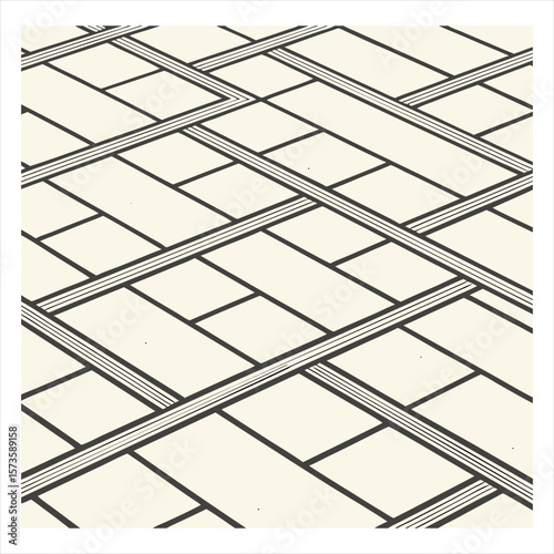 Abstract geometric pattern of interlocking light beige rectangular tiles and grey diagonal stripes