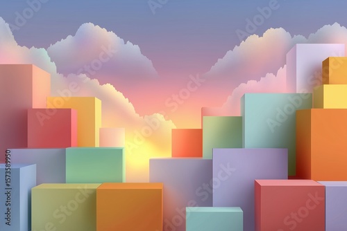 Abstract 3D Colorful Blocks and Cubes at Sunset - Vibrant Geometric Art & Minimalistic Landscape Design