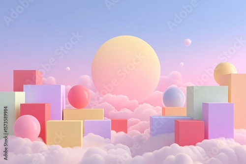 3D Abstract Pastel Geometry. Surreal Vibrant Artistic Design with Colorful Floating Shapes