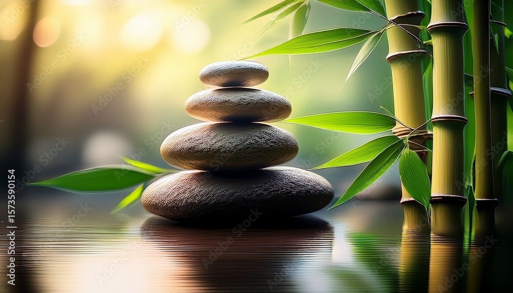 Obraz premium stones stacked with bamboo leaves, peaceful spa atmosphere-