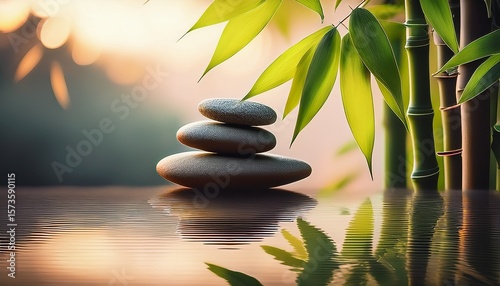 stones stacked with bamboo leaves, peaceful spa atmosphere-