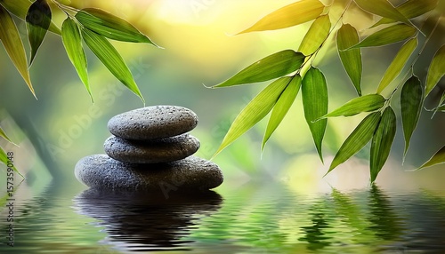 stones stacked with bamboo leaves, peaceful spa atmosphere-