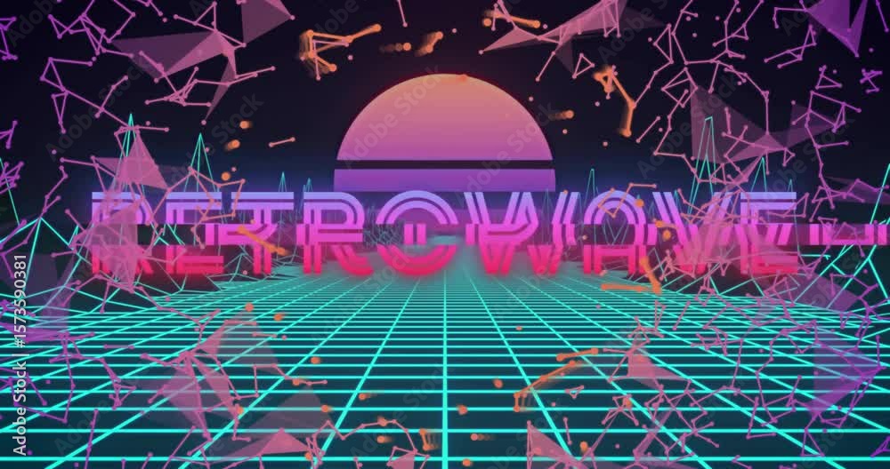 At start magenta RETROWAVE letters rising rotating splitting shards swirling revealing retro logo