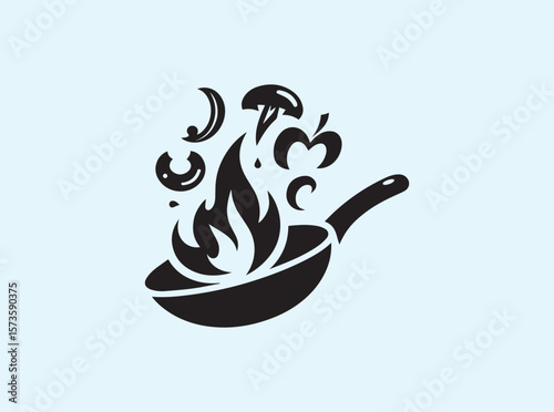 Fiery cooking pan with floating veggies, spicy meal preparation art