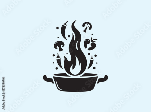 3D frying pan with fire and vegetables, perfect for spicy food or stir-fry concept