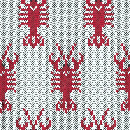 Red lobster knitted seamless pattern for socks or knit wear design.  Vector illustration.	