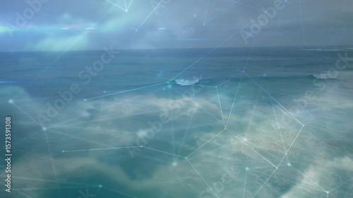 Faint nodes materializing over sea, expanding into pulsing network, dissolving to restore calm sea