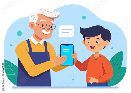 Grandfather and boy collaborating on smartphone, with the child pointing at the screen, showcasing a moment of learning and connection through technology and communication