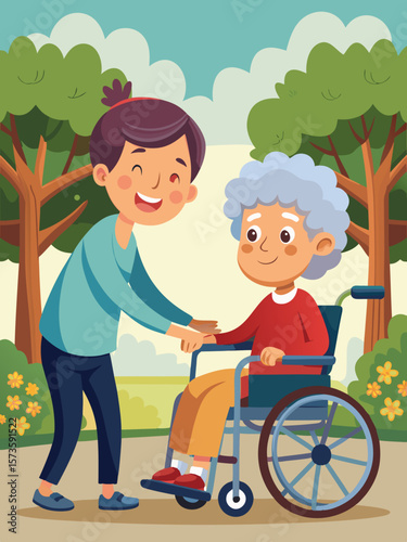 Young woman smiling while assisting elderly woman in wheelchair through a vibrant park, showcasing a moment of connection and care in a joyful outdoor setting