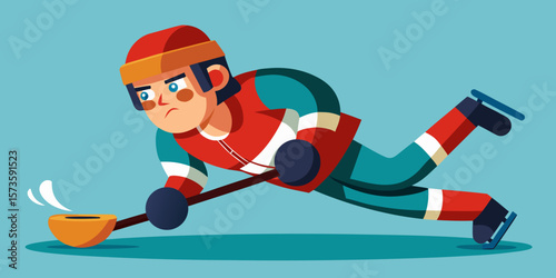 Cartoon ice hockey player sliding on ice with puck, determined expression, colorful uniform, dynamic pose, showcasing athleticism and focus in a playful illustration style