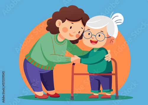 Young woman hugging elderly woman with walker in flat vector illustration, showcasing a heartwarming moment of love and connection between generations with vibrant colors