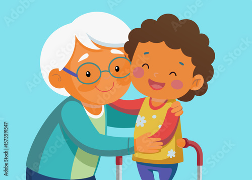 Child hugging elderly woman with walker in flat vector illustration, showcasing a heartwarming moment of love and connection between generations, vibrant colors and joyful expressions