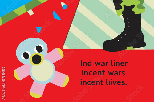 Broken child toy lies in dust, with shadow of military boot nearby, symbolizing the emotional impact of war on innocence and childhood, conveying a powerful anti-war message