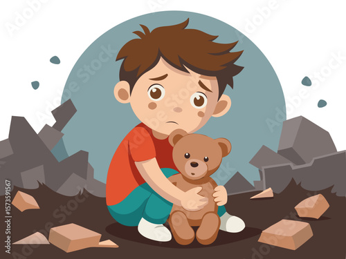 Crying child with teddy bear sits amidst rubble, expressing deep emotion in a minimalistic setting, evoking feelings of loss and vulnerability with copy space