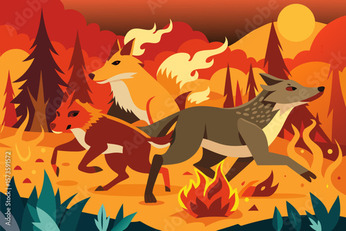 Close-up illustration of forest animals fleeing from fire, featuring vibrant orange background, dynamic movement, and a sense of urgency in a flat style design