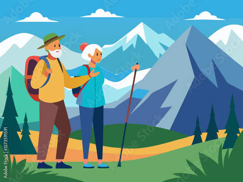 Elderly couple enjoying nature, pointing at majestic mountains while holding trekking poles, surrounded by lush greenery and vibrant landscape, capturing the spirit of adventure and exploration