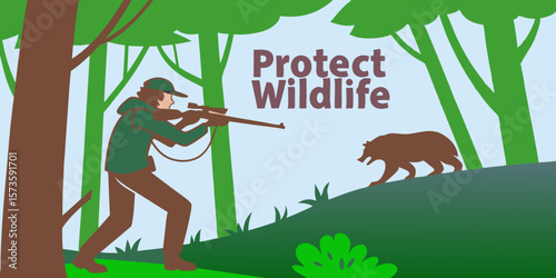 Poacher aiming at endangered animal in forest setting, surrounded by lush greenery, highlighting the urgent need for wildlife protection and conservation efforts