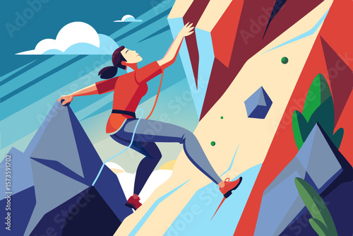 Rock climber ascends steep cliff face, gripping rough stone with determination, showcasing strength and adventure in a vibrant outdoor environment with dramatic sky
