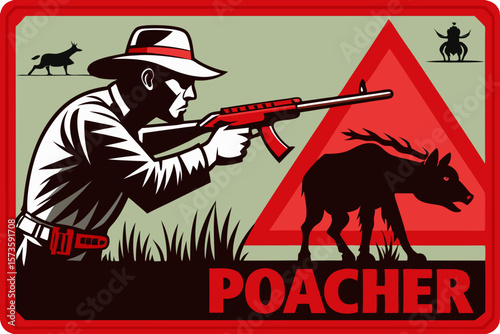 Poacher aiming at endangered animal in a dramatic scene, with a red warning overlay emphasizing the urgency of wildlife protection and conservation efforts