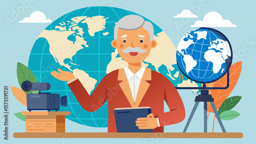 Senior man with gray hair teaching history on camera, holding a tablet, surrounded by a globe and map, creating an engaging educational atmosphere for viewers
