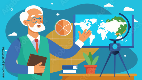 Senior man teaching history on camera, presenting a globe and map, surrounded by educational materials, creating an engaging learning environment for viewers interested in geography and culture
