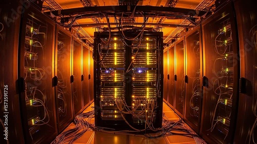 Wide-angle server farm under full load with increased fan speed and light intensity