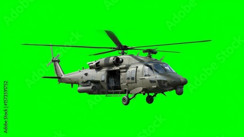 Military Helicopter Isolated on Green Screen with Detailed View