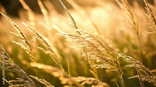 Wind moving tall wild grass with extreme close-up and golden bokeh