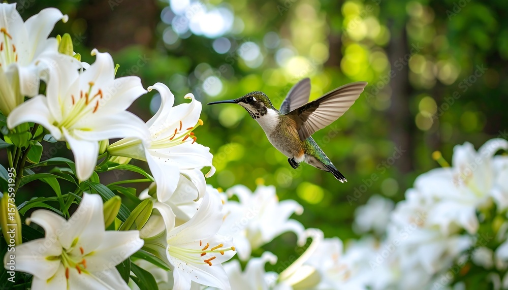 Fototapeta premium A hummingbird hovers near a cluster of white lilies