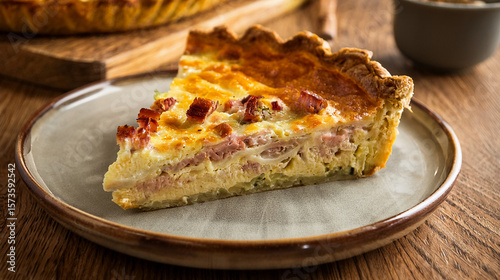 Rustic Overhead Shot: Freshly Baked Quiche Lorraine with Flaky Pastry Crust


