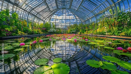 Sunlit conservatory with vibrant flowers and reflecting pool