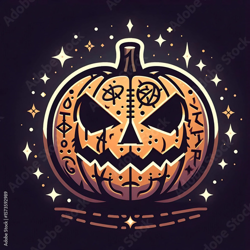 Magical Jack-o'-Lantern with Ancient Runes - Halloween Vector Icon