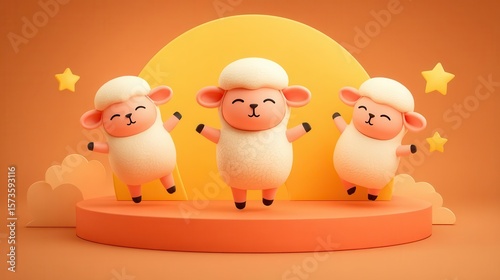 Cartoon sheep jumping on podium