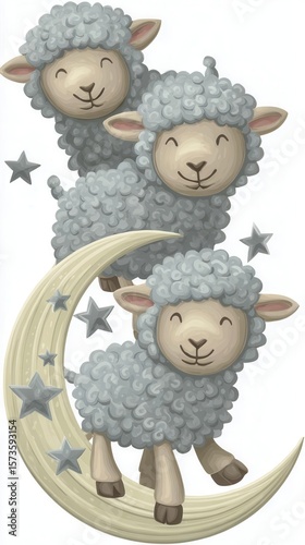 Cute sheep on crescent moon illustration