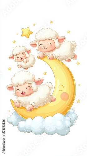 Cute cartoon sheep on crescent moon