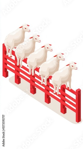 Sheep sitting on red fence isometric