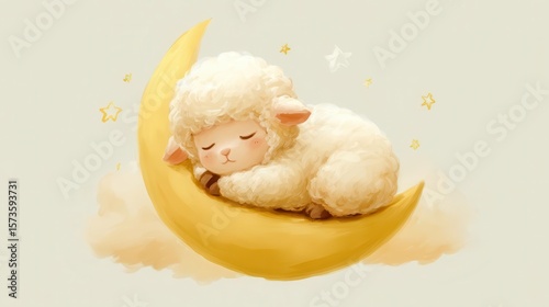 Cute sheep sleeping on crescent moon illustration