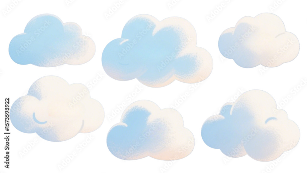 Fluffy Cartoon Cloud Set, Weather Illustration – Hand-Drawn Sky Clipart with Cumulus, Storm, Sun, and Rain Elements, Cute Vector Art for Forecast, Nature Scene, Baby Shower, or Kids Design