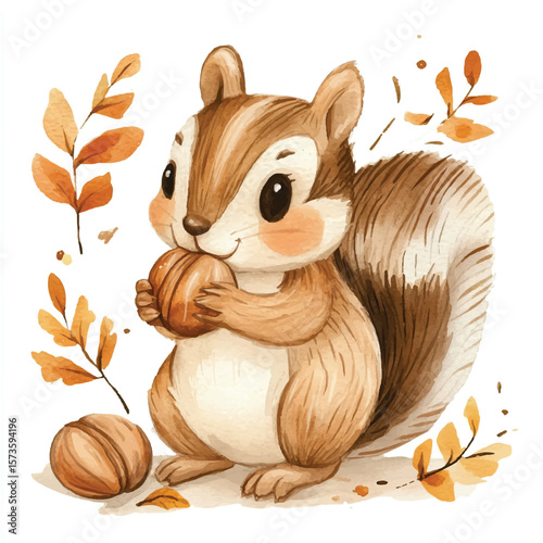 Adorable Watercolor Chipmunk Holding Nut with Autumn Leaves