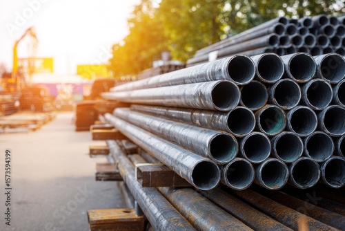 Steel Pipes Stacked in Industrial Yard at Sunset with Warm Glow