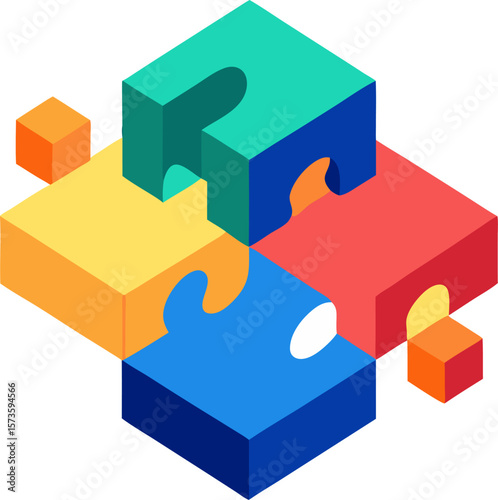 Isometric puzzle pieces fitting, integration workflow with white background.