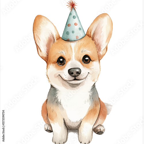 Adorable Watercolor Corgi Puppy Wearing Party Hat Smiling Happily (1)