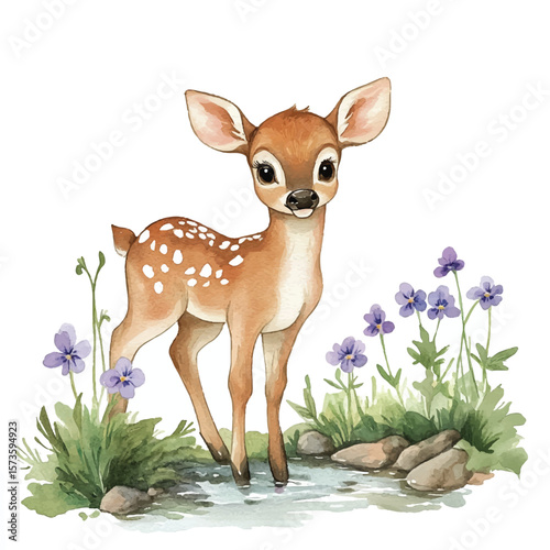 Adorable Watercolor Deer by a Gentle Brook with Flowers