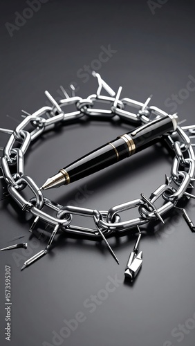 A black pen encircled by a metallic chain and pins, implying restriction on writing or ideas