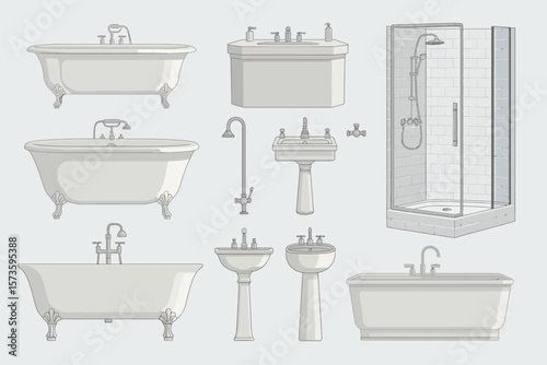 Collection of various bathroom fixtures including bathtubs sinks and shower cabin